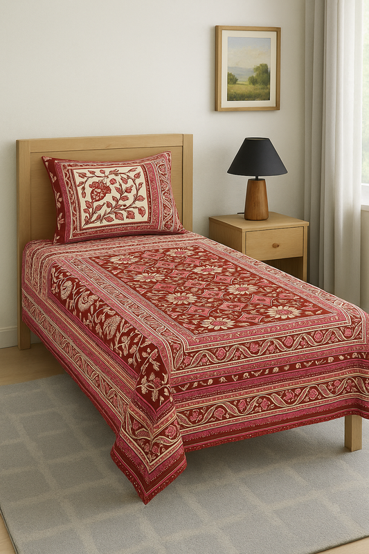 Pure Weave – Royal Red Floral Single Bed Sheet Set