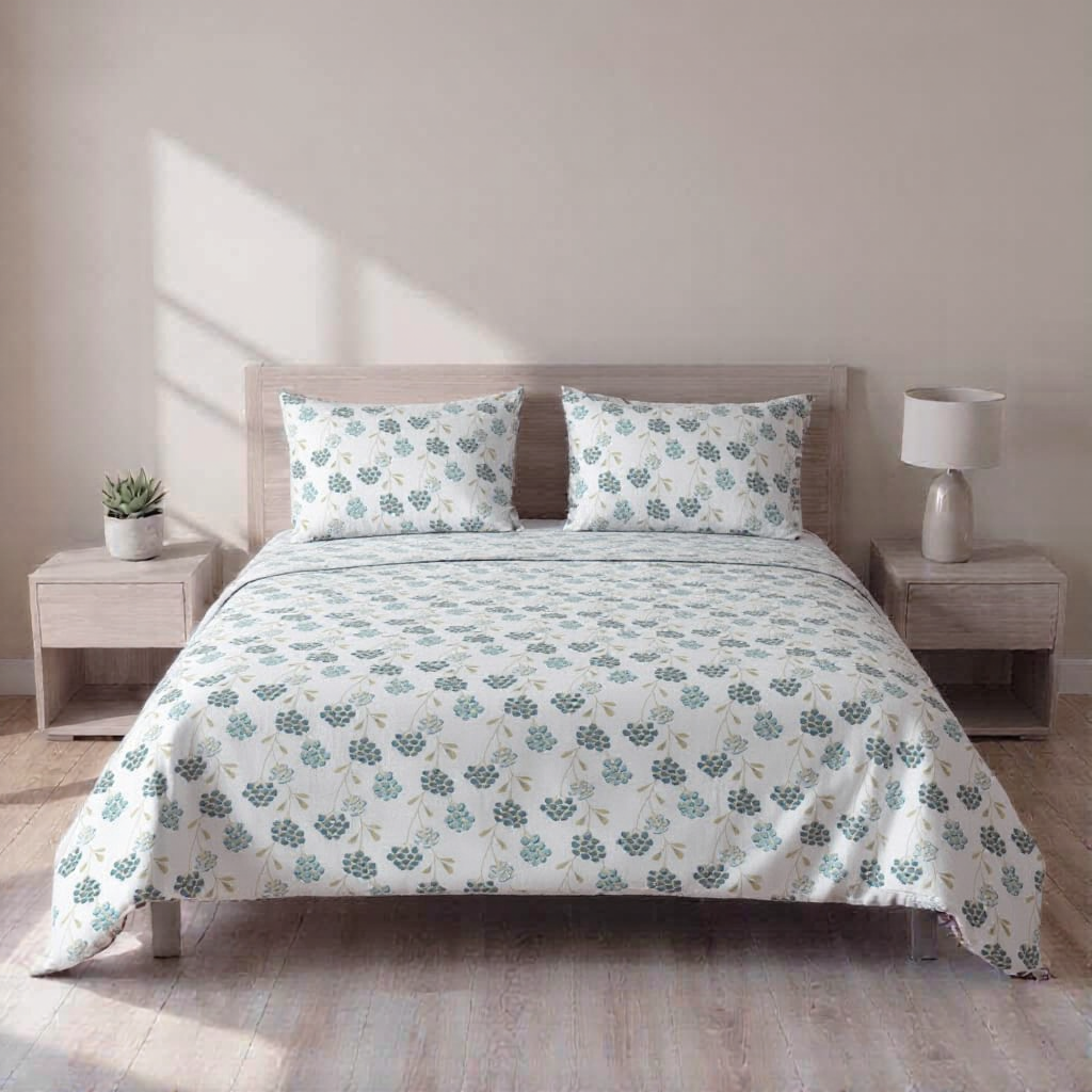 Pure Weave – Blue Blossom Double Bed Sheet Set