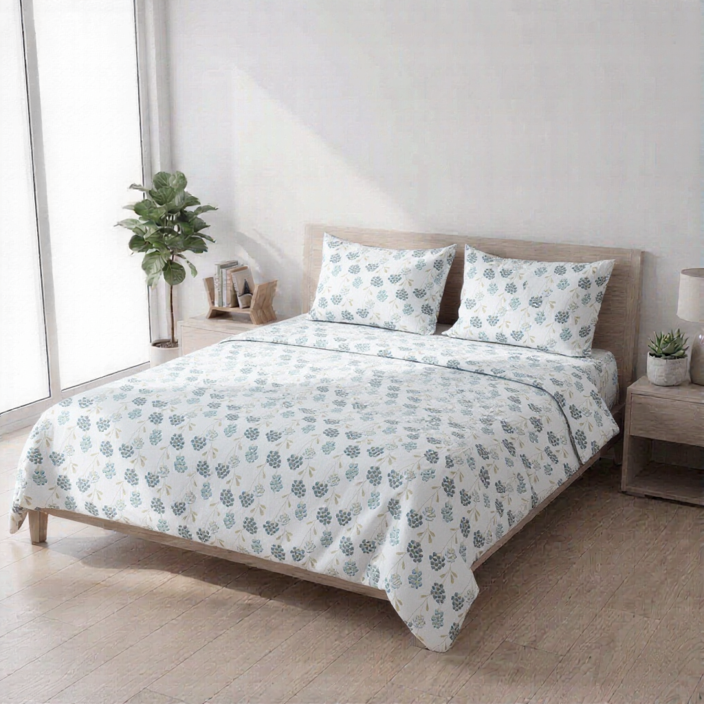 Pure Weave – Blue Blossom Double Bed Sheet Set